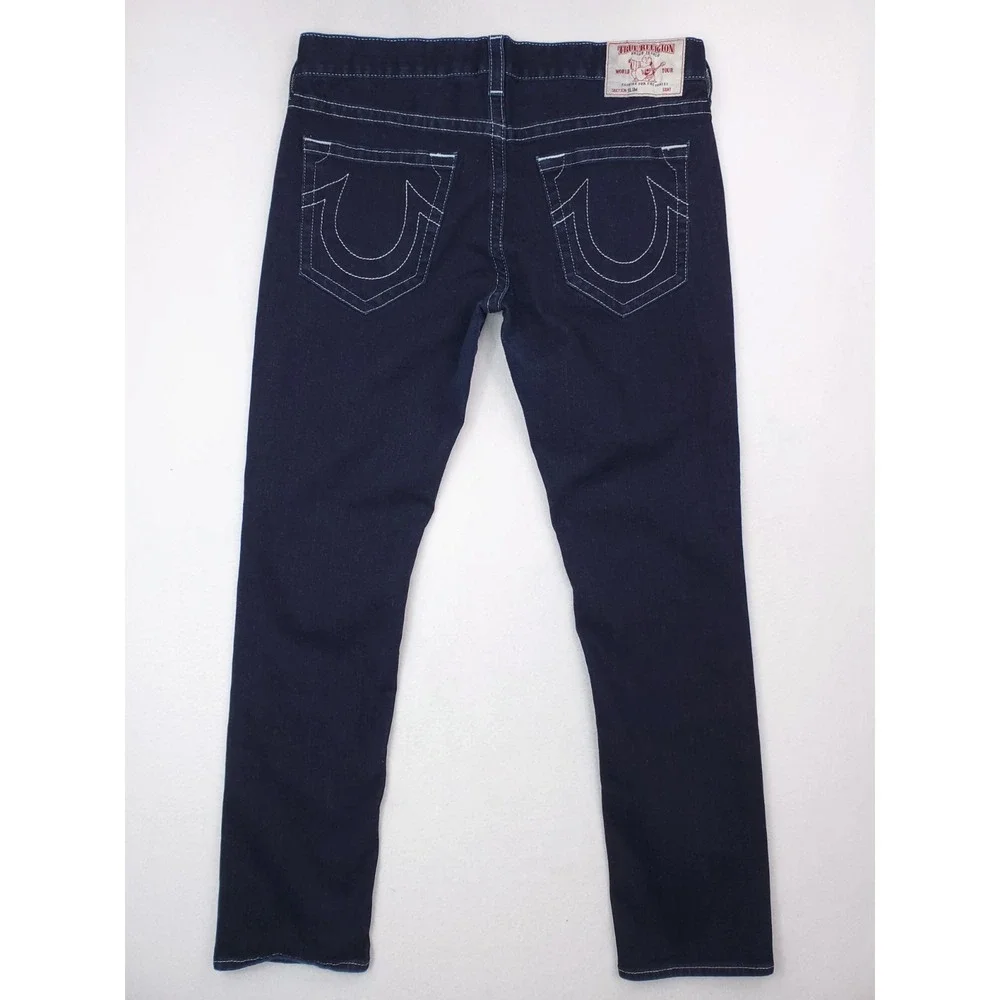 True Religion Jeans Mens 38x34 Blue Slim Straight Stretch Denim Dark Wash